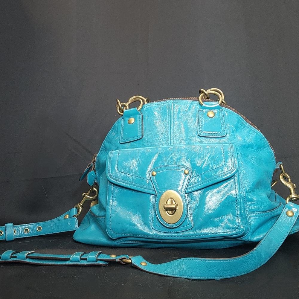 Coach Turquoise Patent Leather Francine Satchal Bag Wallet 2 Piece Combo Set